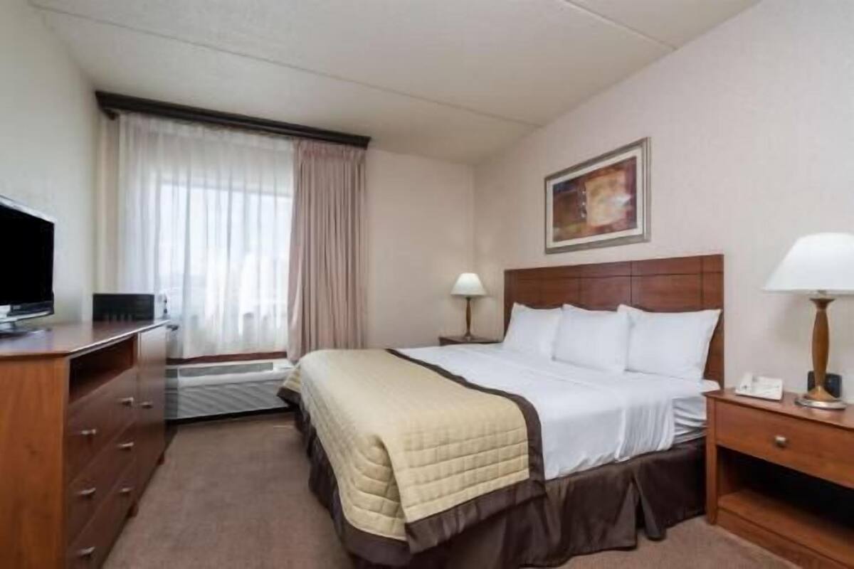 Une chambre d’hôtel avec un lit, un bureau, une télévision, une lampe et un tableau au mur.