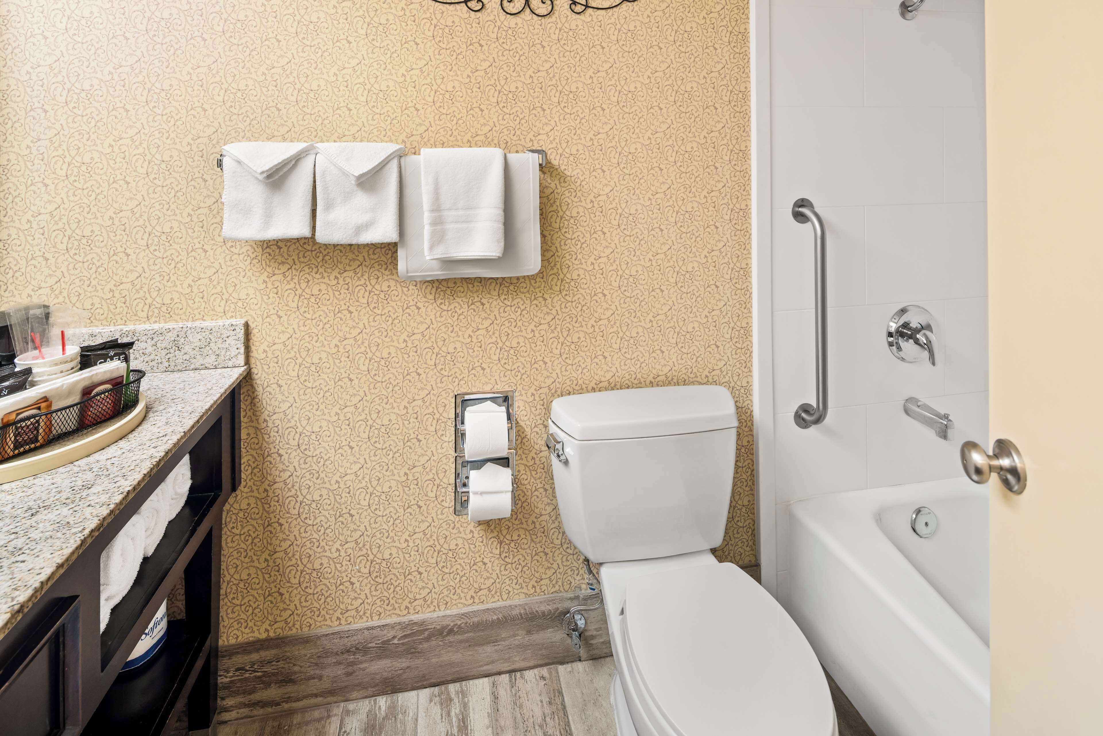 standard room, 2 queen beds, non smoking, refrigerator & microwave | bathroom | combined shower/bathtub, designer toiletries, hair dryer, towels