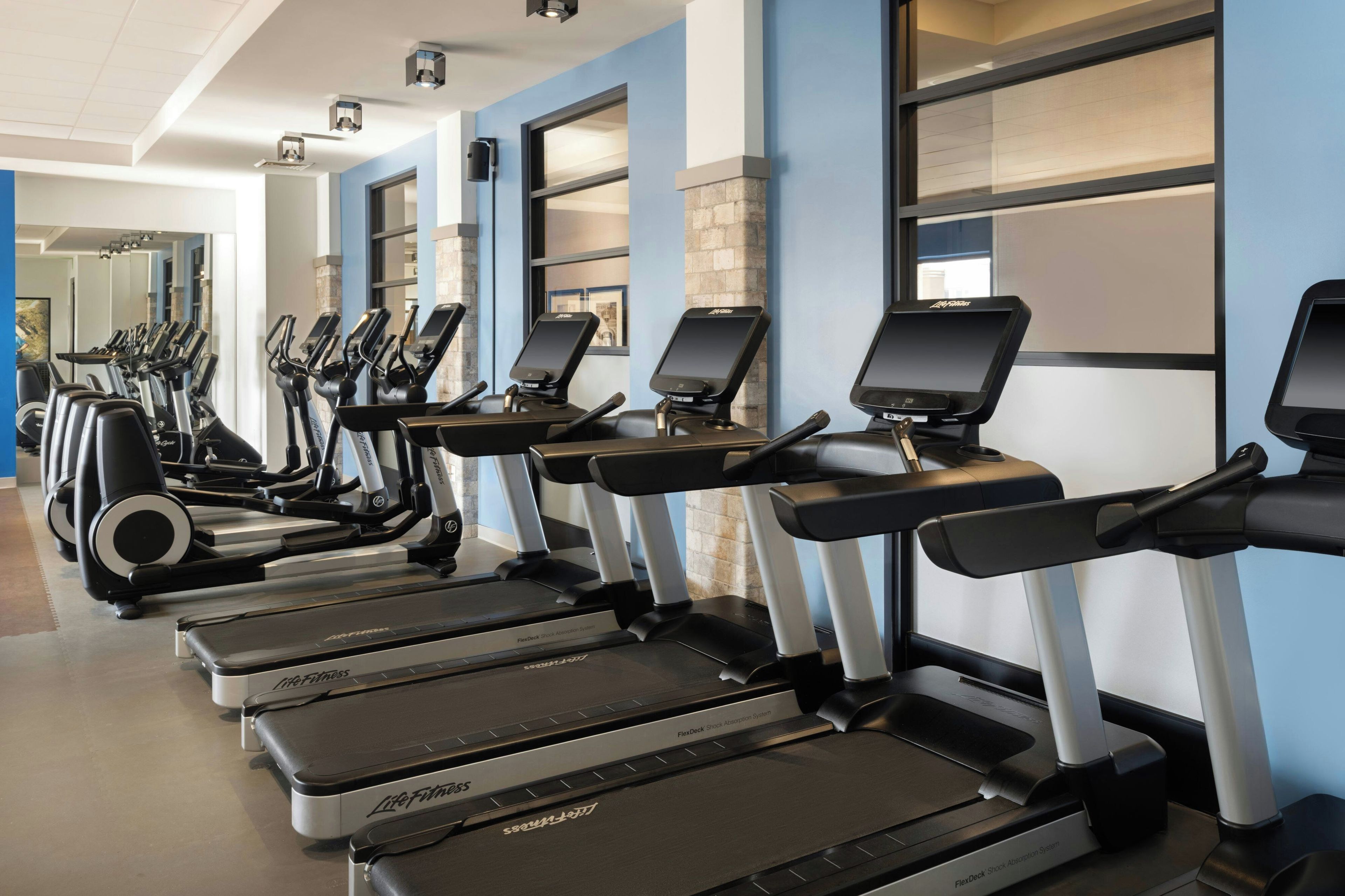 Een rij loopbanden met digitale schermen, geplaatst in een fitnessruimte met blauwe wanden en een accentmuur van steen.