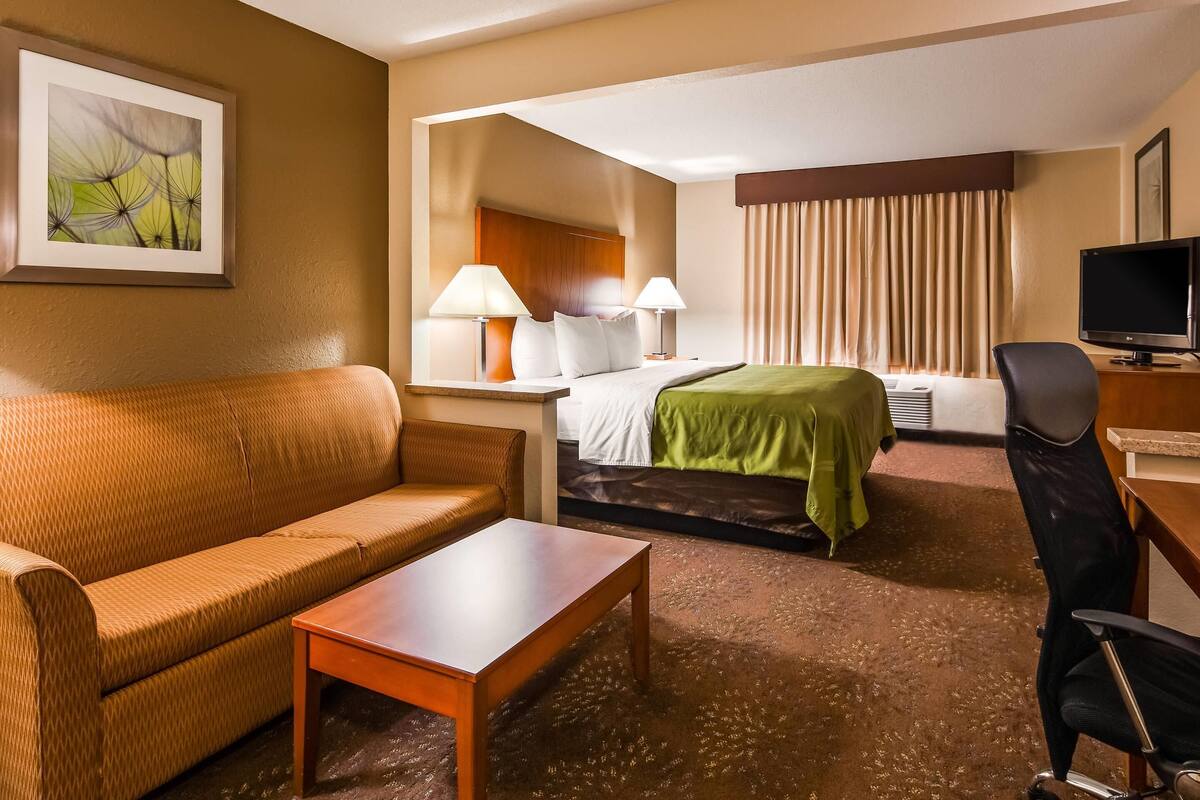 A hotel room with a sofa, a bed with a green blanket, a desk with a computer, and a TV.