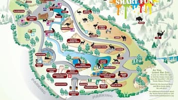 A zoo map with various animal exhibits and facilities.