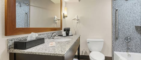 A modern bathroom with a granite countertop, a white toilet, a bathtub, and a shower with grab bars.