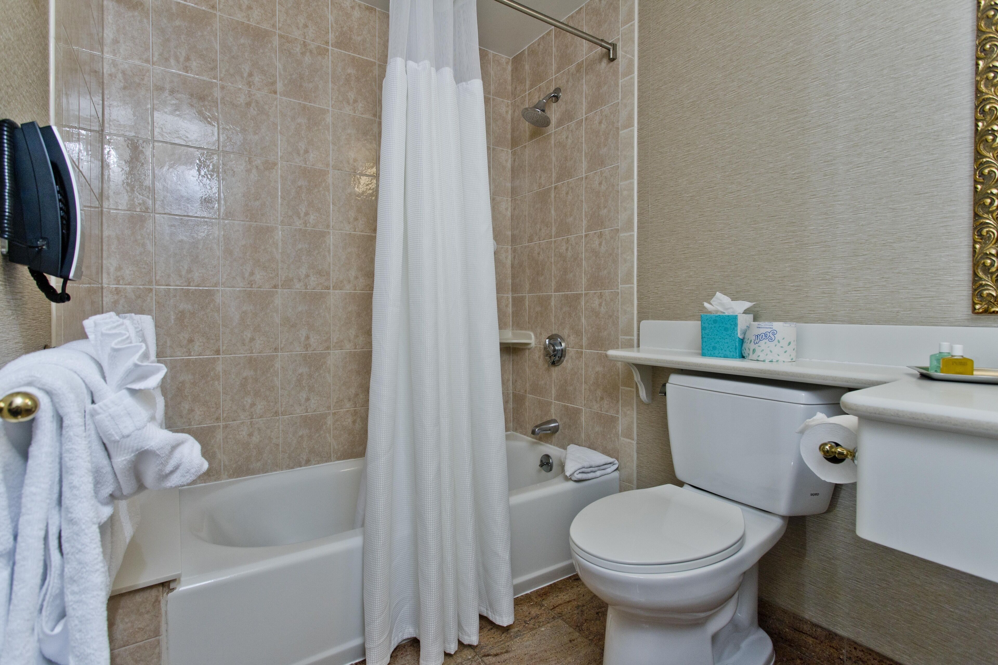 A bathroom with a bathtub, toilet, and shower curtain.