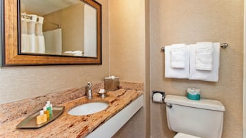 A bathroom with a granite countertop sink, a mirror, a towel rack, and a toilet.