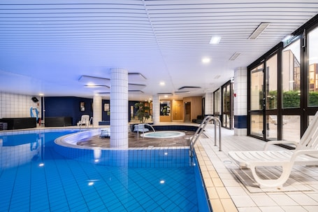 Indoor pool, open 8:00 AM to 9:00 PM, sun loungers