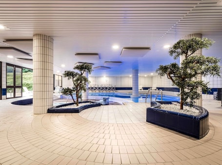 Indoor pool, open 8:00 AM to 9:00 PM, sun loungers