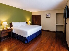 Una habitación de hotel con una cama grande, dos mesitas de noche con lámparas, un armario de madera, un televisor y un cuadro en la pared.