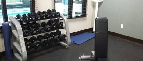 A gym with a rack of dumbbells, a bench, and a blue mat.