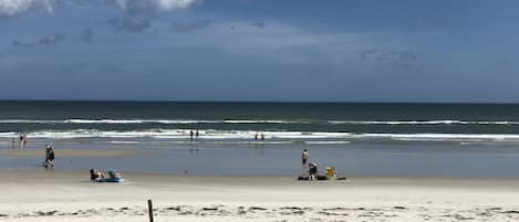 A beach with people walking and sitting on the sand, a clear sky, and the ocean in the background.