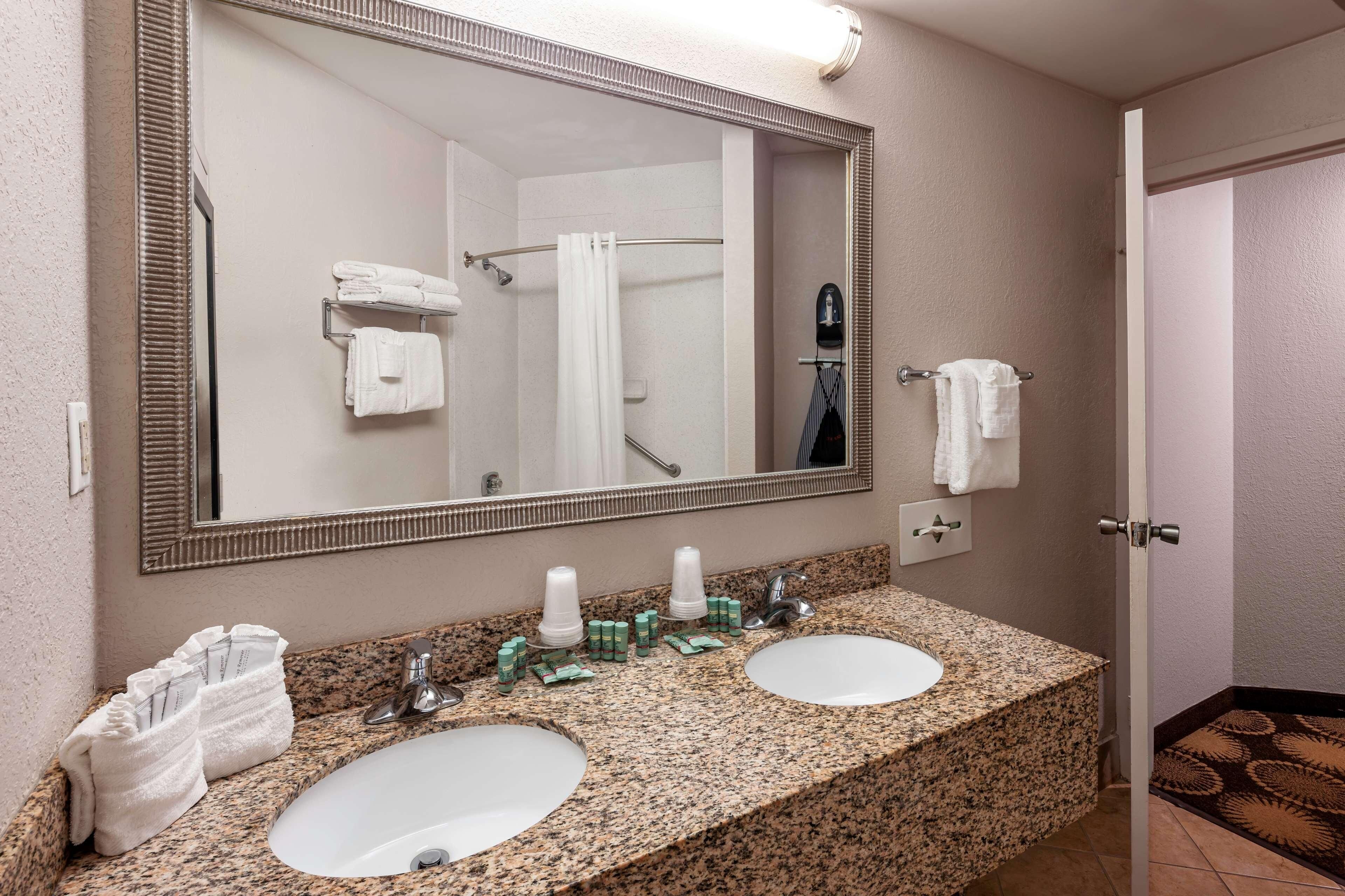 Un baño con dos lavamanos, un espejo grande y una zona de ducha.