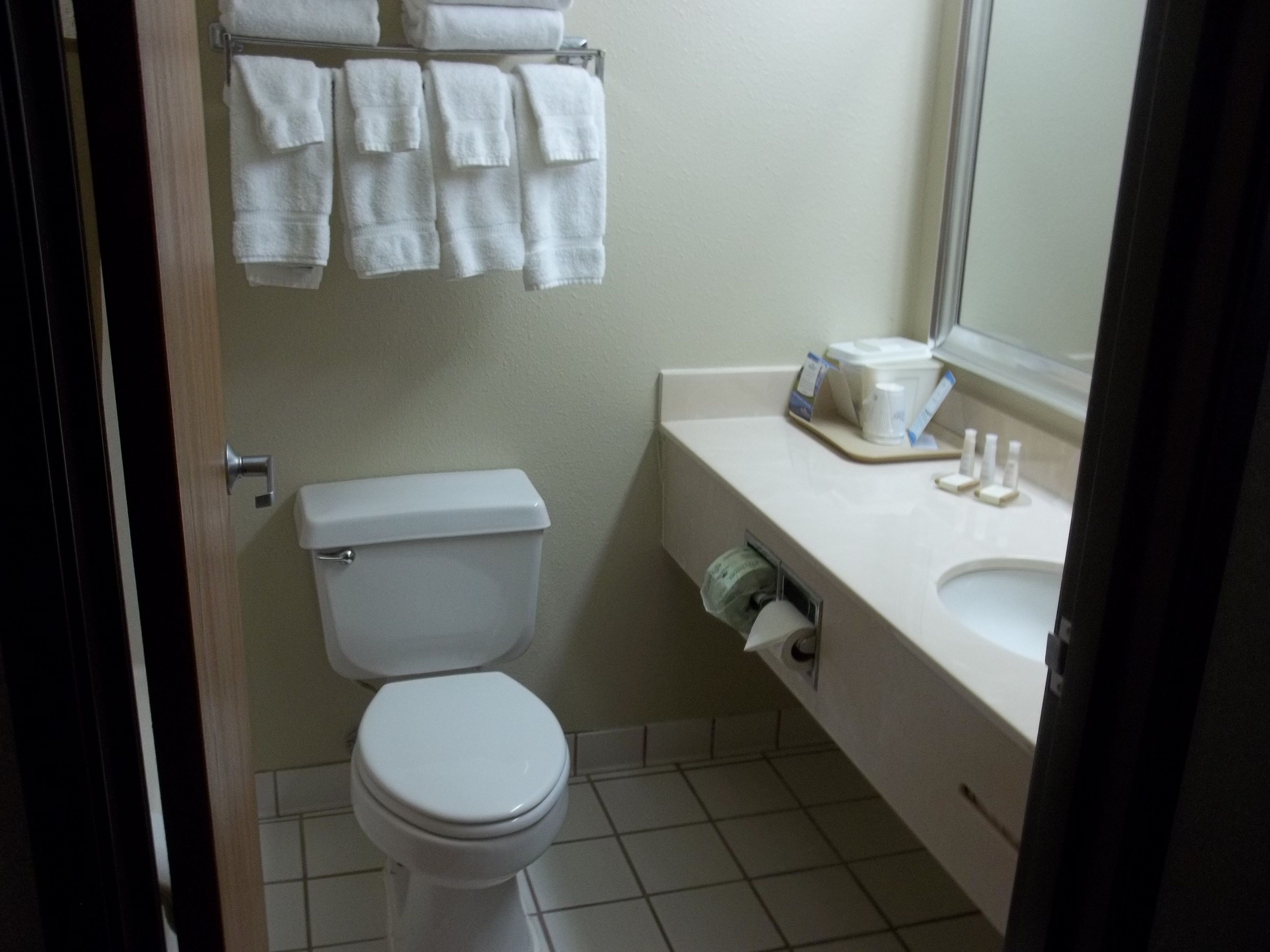 Une salle de bain avec des toilettes, un lavabo et un miroir. Des serviettes sont suspendues sur un porte-serviettes placé au-dessus des toilettes.