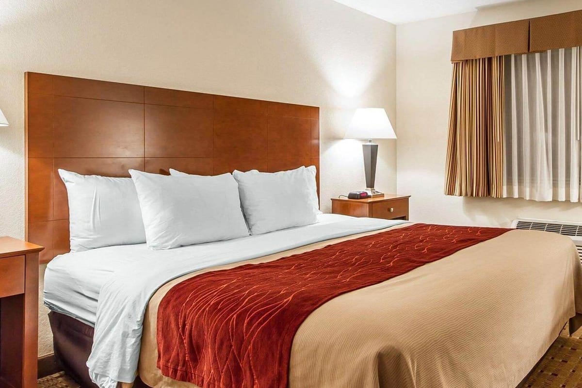 A hotel room with a wooden headboard, a bed with white and red bedding, a bedside lamp, and a window with curtains.