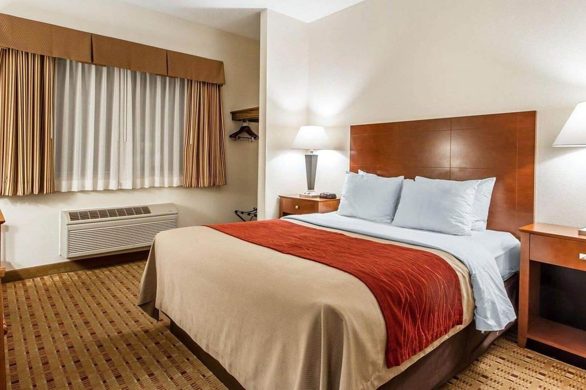 A hotel room with a bed, bedside tables, a lamp, a window with curtains, and a wall-mounted heater.