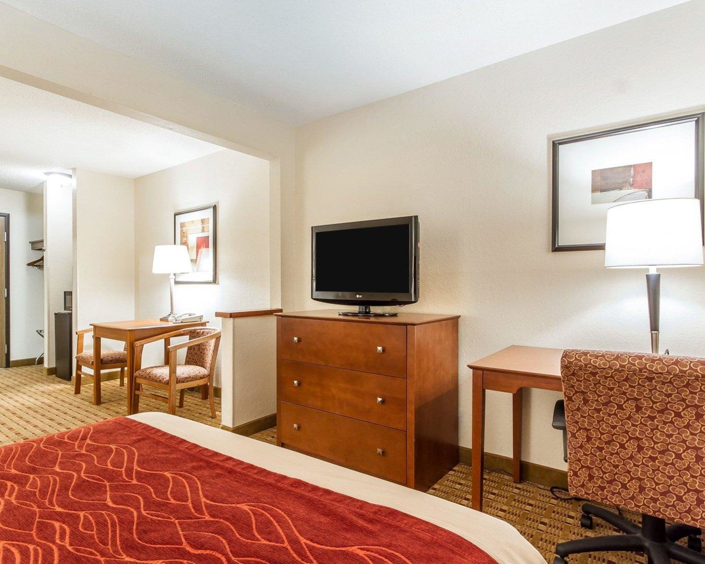 A hotel room with a bed, a desk, a television, a chair, and a dresser.