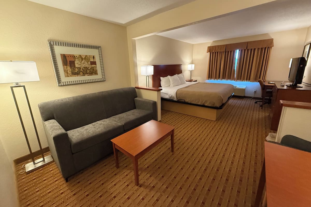 A hotel room with a sofa, a bed, a desk, and a lamp.