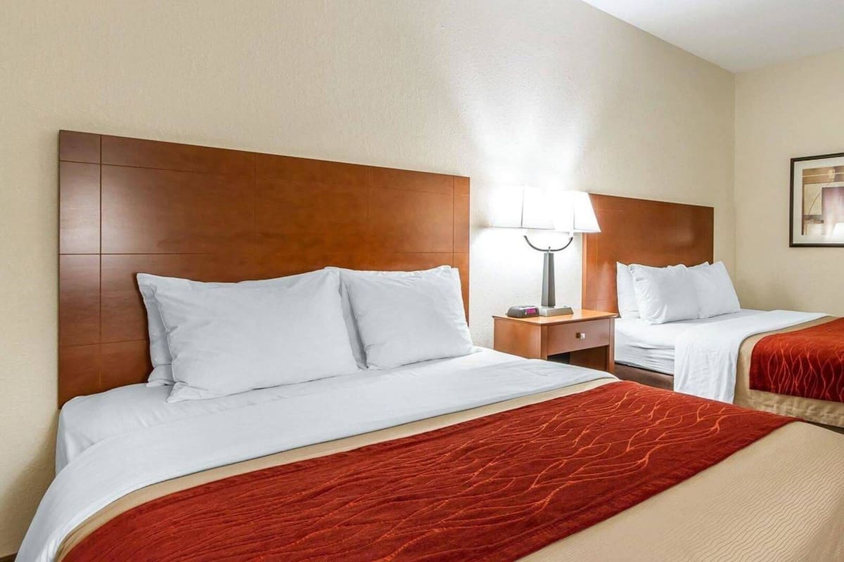 A hotel room with two beds, a nightstand with a lamp, and a framed picture on the wall.