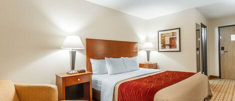 A hotel room with a large bed, two bedside tables with lamps, a chair, a framed picture on the wall, and a door.