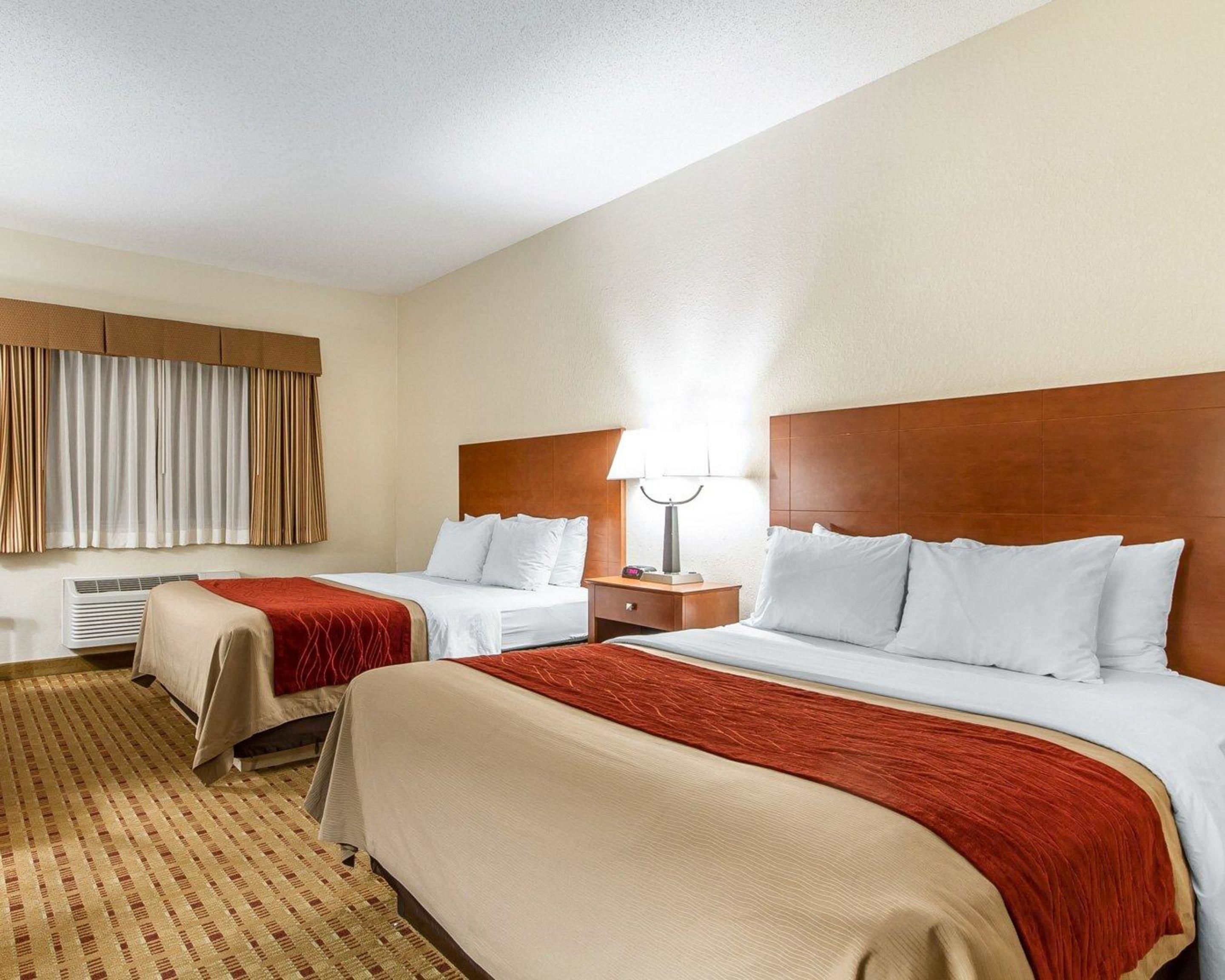 Habitación de hotel con dos camas, una mesita de noche con lámpara, una ventana con cortinas y una alfombra estampada.