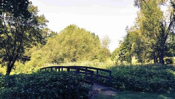 Un pont en bois, situé dans un parc verdoyant et luxuriant, bordé d’arbres touffus, sous un ciel dégagé.