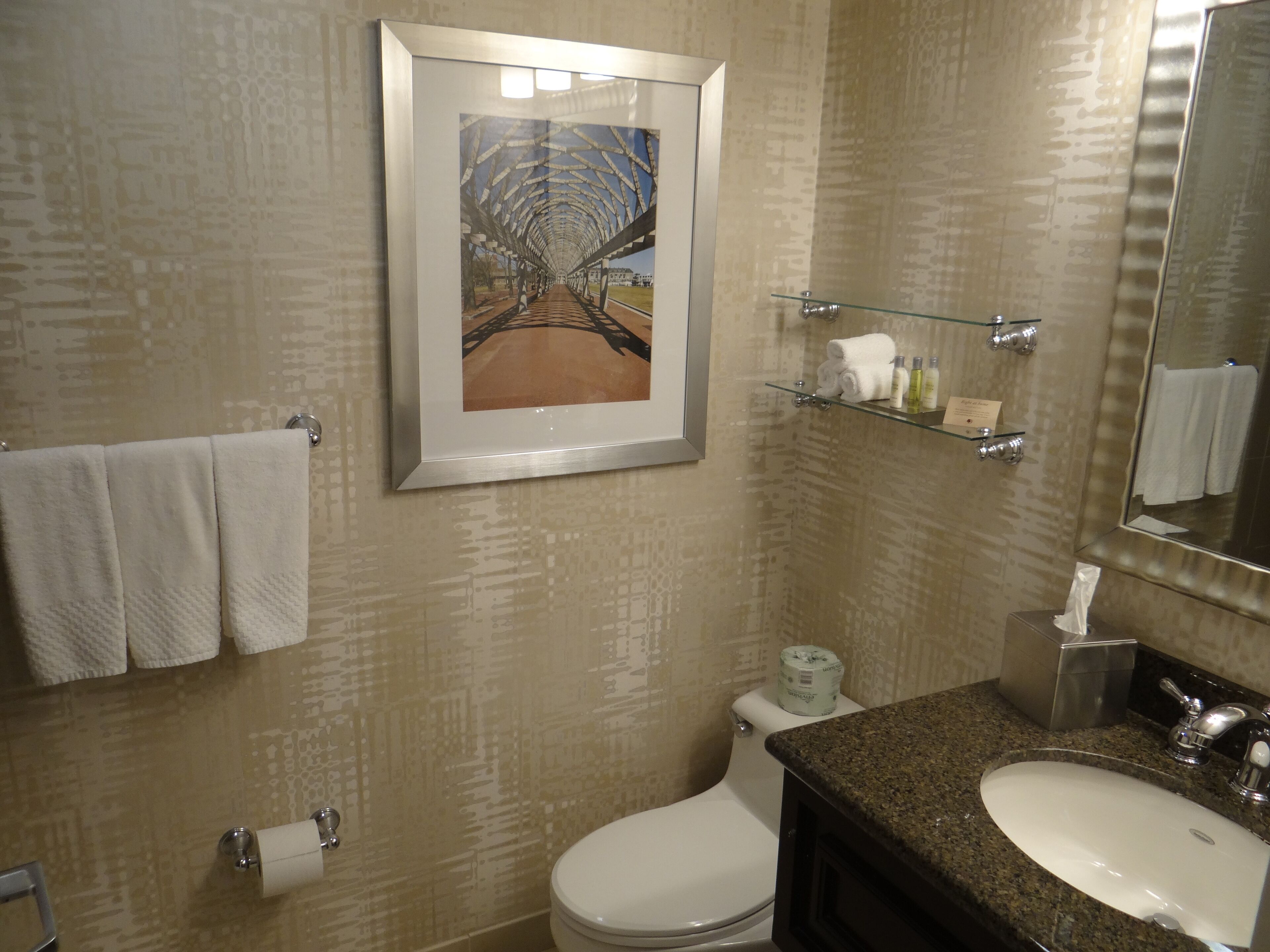 Casa de banho com quadro emoldurado, sanita, lavatório e prateleira de vidro com produtos de higiene pessoal.