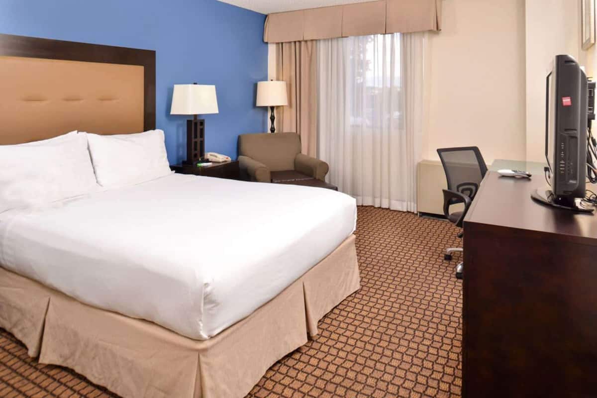 A hotel room with a large bed, a desk, a chair, a lamp, and a television.