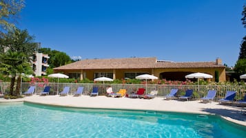 Seasonal outdoor pool, pool umbrellas, pool loungers