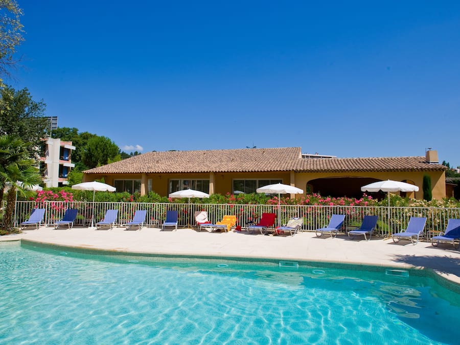 Seasonal outdoor pool, pool umbrellas, pool loungers
