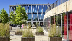A modern building with a glass facade and a wooden deck area with planters. - Hotel Novotel Aix en Provence Pont de l'Arc Fenouillères (Aix-en-Provence)