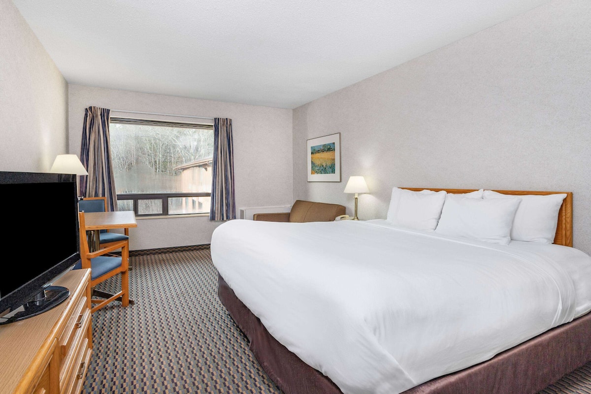 A hotel room with a large bed, a desk with a TV, a chair, a window with curtains, and a painting on the wall.
