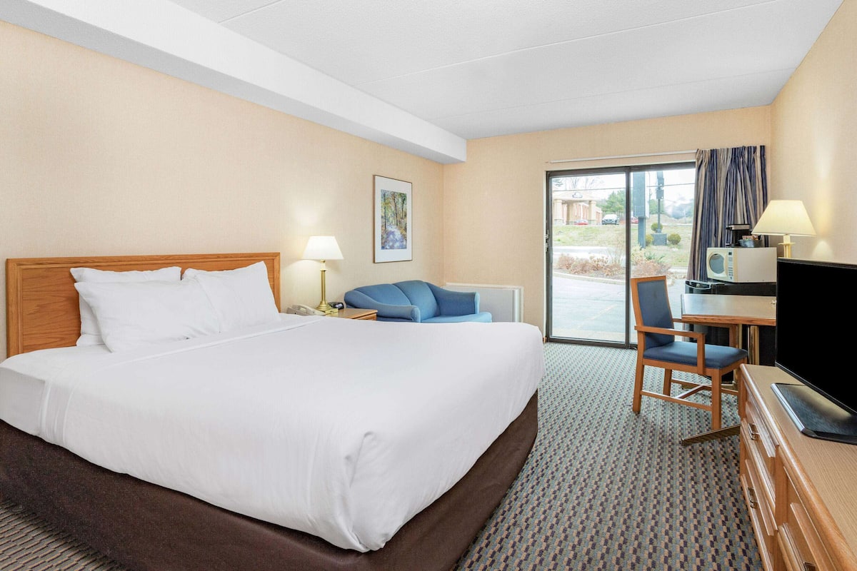 A hotel room with a large bed, a desk with a chair, a television, and a view of the outdoors through a glass door.
