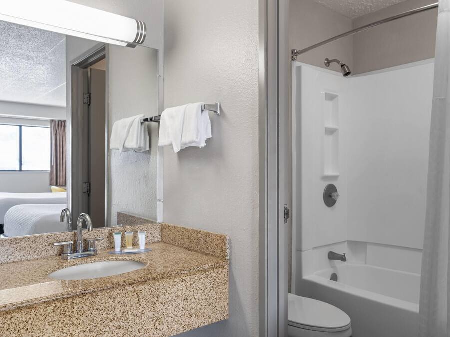 Een moderne badkamer met een wastafel met granieten blad, een spiegel, een douche en een toilet.
