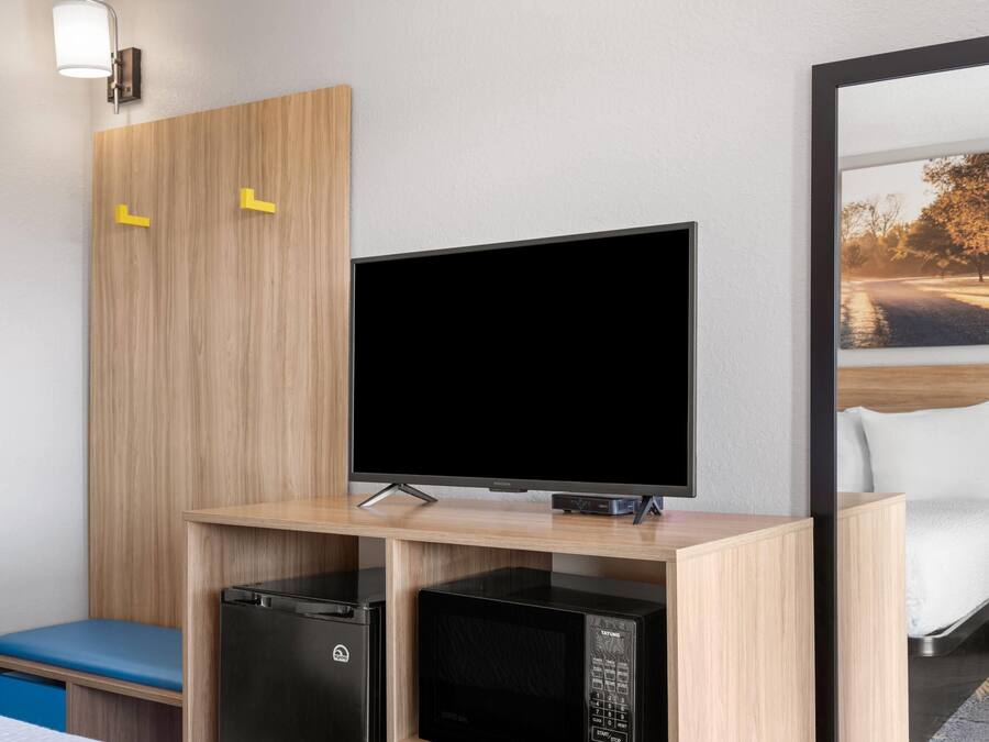 Quarto de hotel com escrivaninha de madeira, televisão, micro-ondas e cama com vista para um parque.
