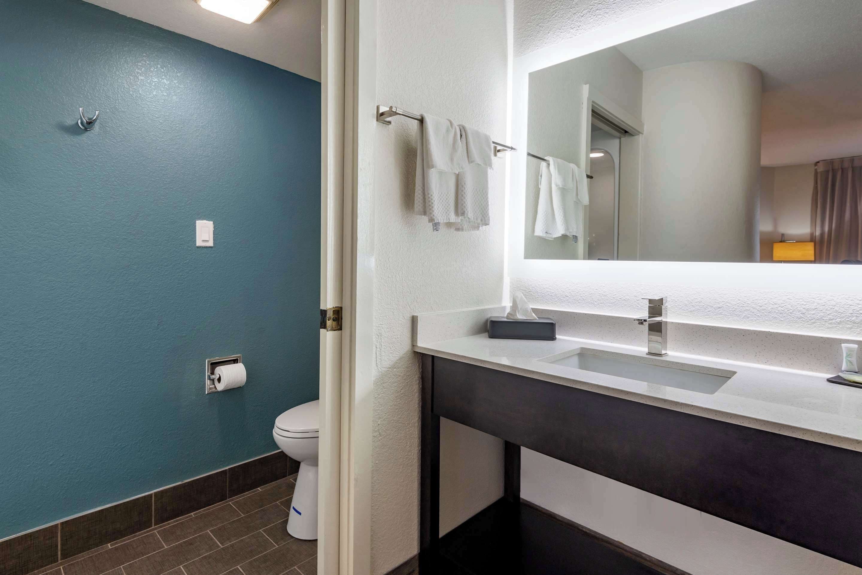 A modern bathroom with a teal wall, white toilet, and a large mirror above a white sink with a dark countertop.