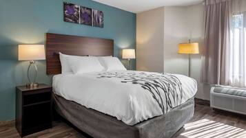 Een netjes opgemaakt bed met een houten hoofdeinde, twee nachtkastjes met lampen, een aan de muur bevestigd kunstwerk en een raam met gordijnen.