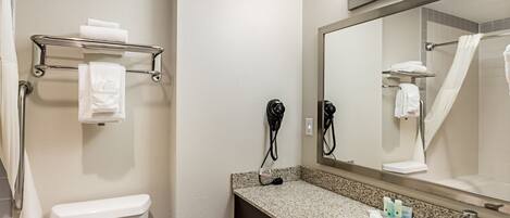A bathroom with a toilet, sink, mirror, towel rack, and hairdryer.