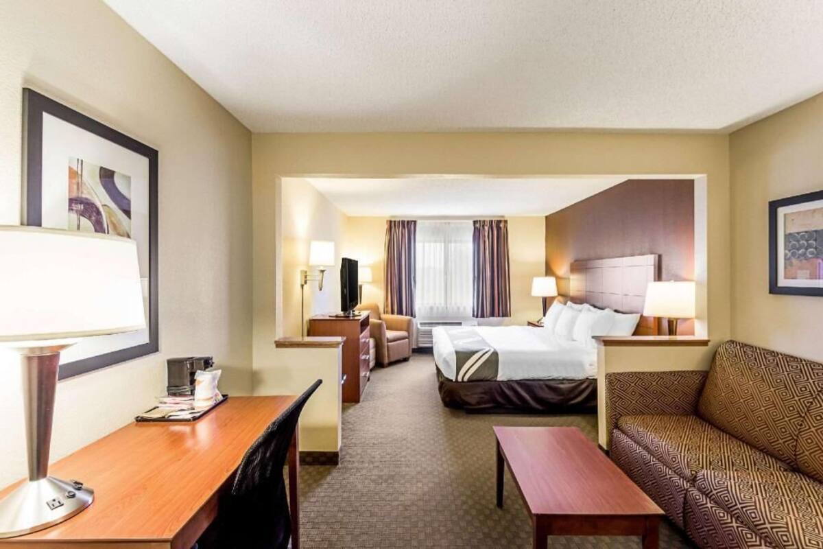 Una habitación de hotel con cama, sofá, escritorio, silla y televisión.