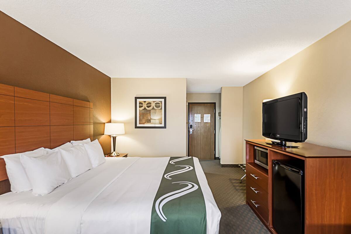Una habitación de hotel con una cama grande, un televisor sobre un mueble de madera, un escritorio con una lámpara y un cuadro en la pared.