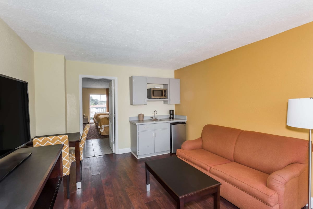 A compact living space with a sofa, a TV, a dining table with chairs, a kitchenette with a microwave, and a small dining area.