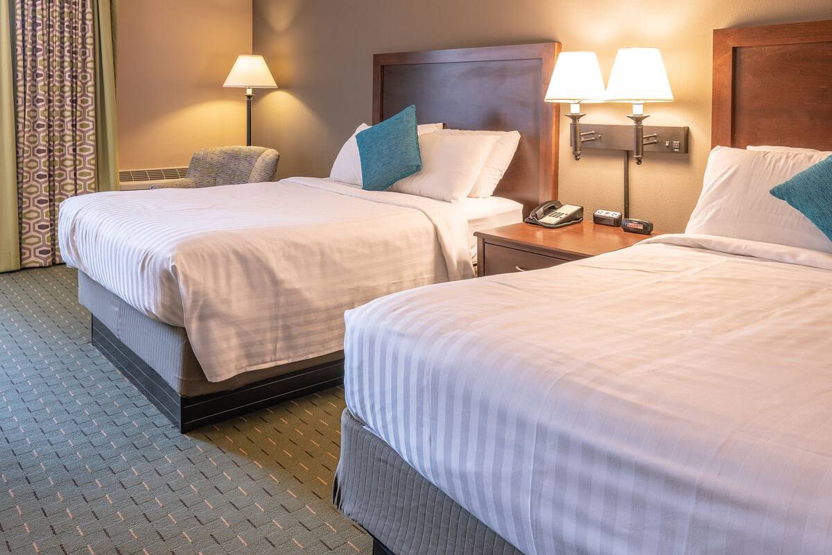 Une chambre d’hôtel avec deux lits, une table de chevet avec une lampe, un téléphone et une moquette à motifs.