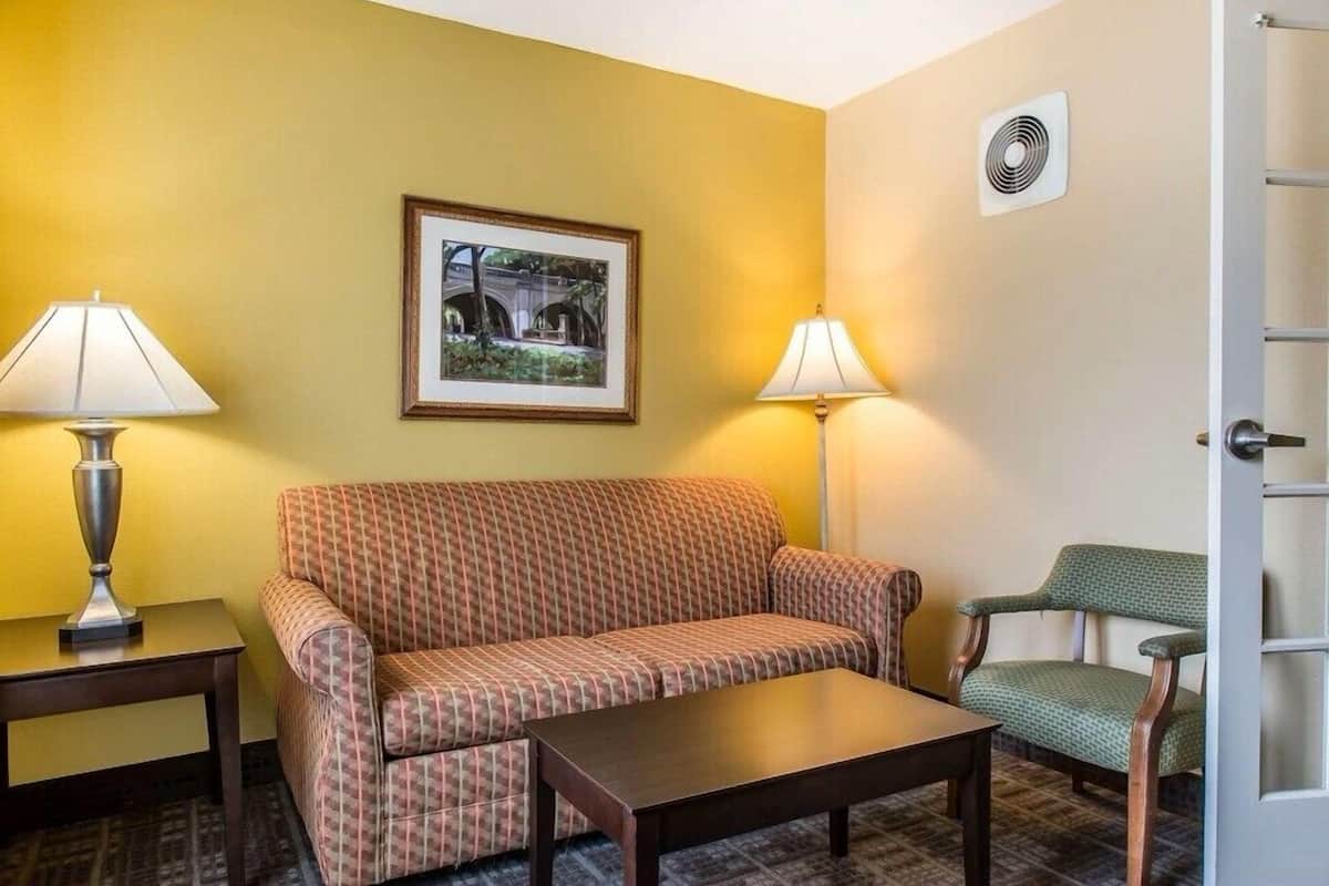 Habitación de hotel con un sofá estampado, una mesita, dos lámparas, una silla y un cuadro en la pared.