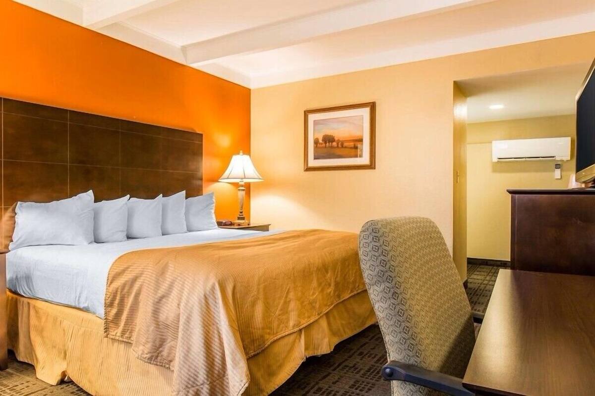 Una habitación de hotel con cama, escritorio, silla, lámpara y un cuadro en la pared.