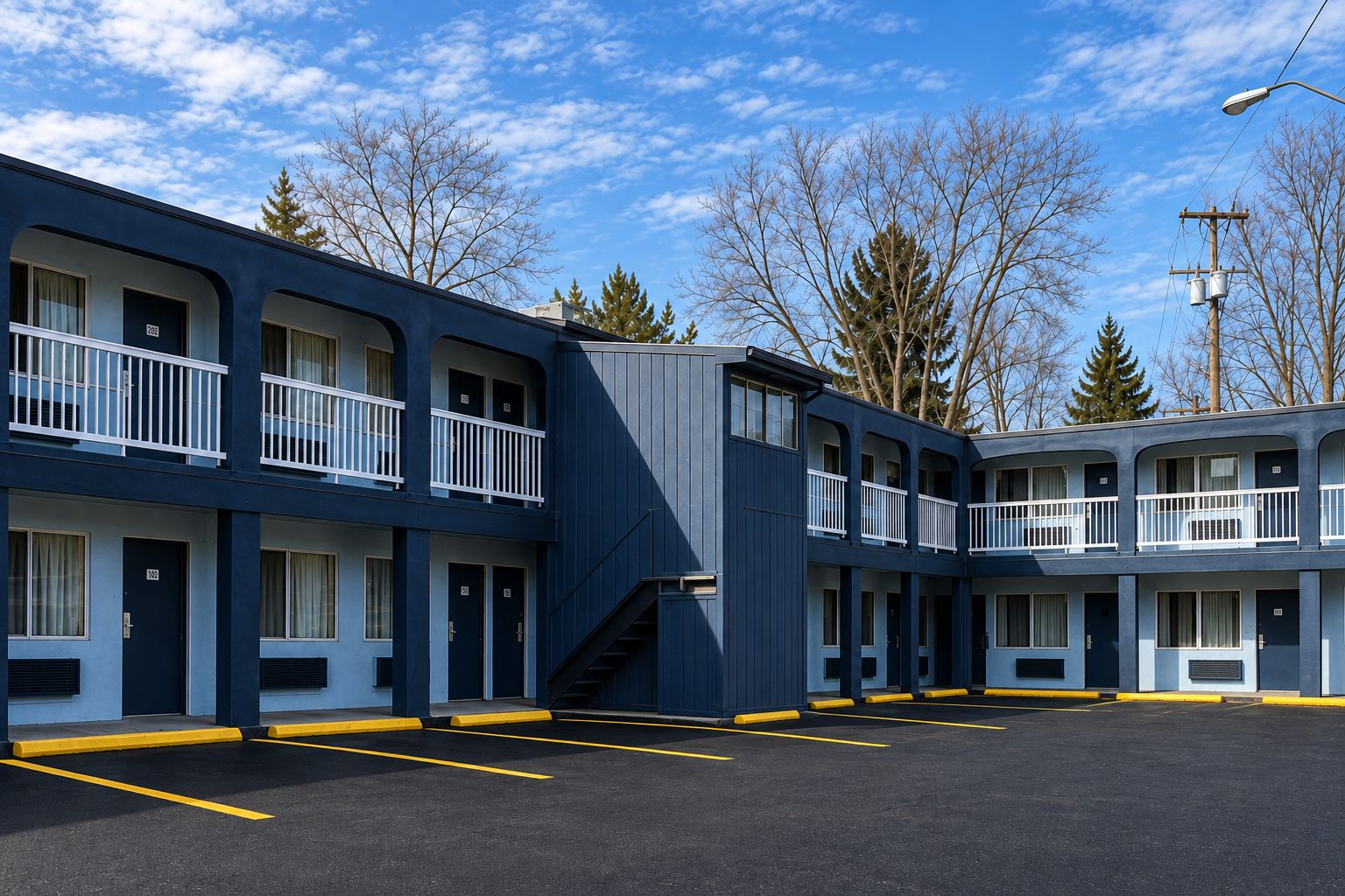 A motel with multiple floors, a parking lot, and a clear sky.