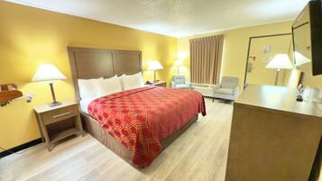 Desk, laptop workspace, free WiFi, bed sheets