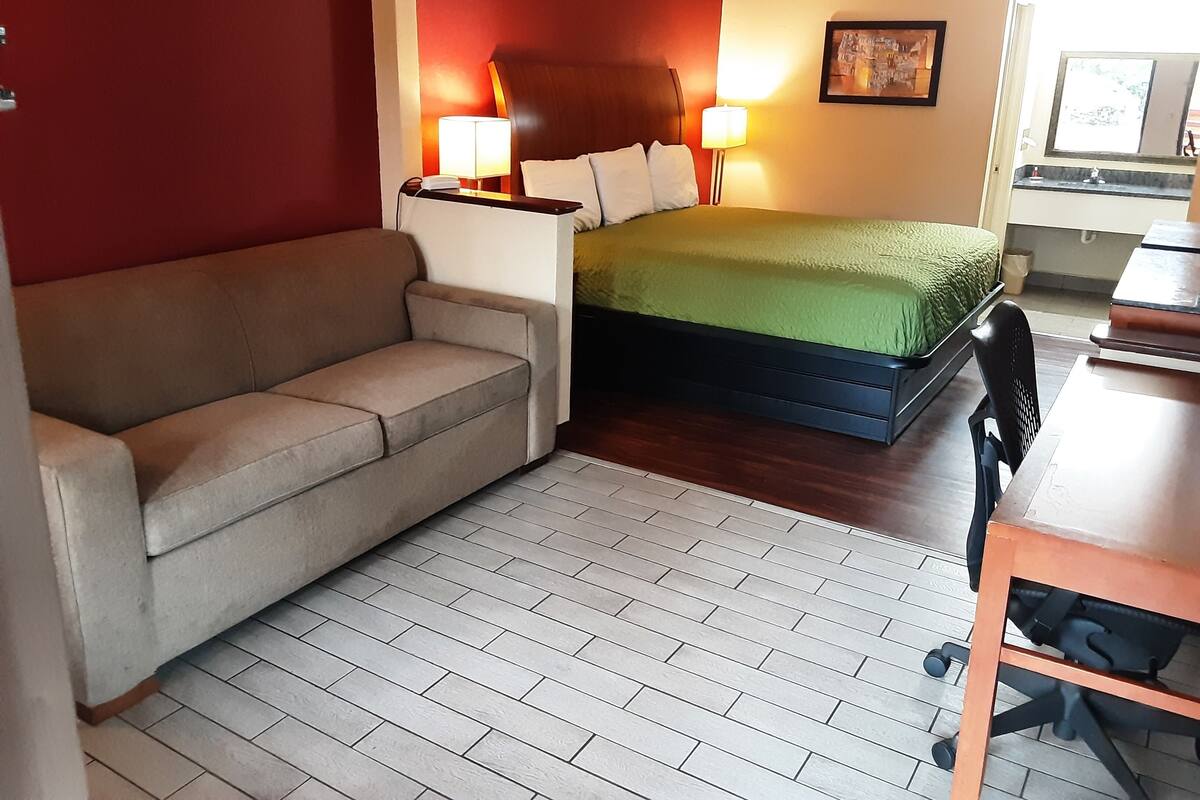 A hotel room with a bed, a sofa, a desk, and a chair.