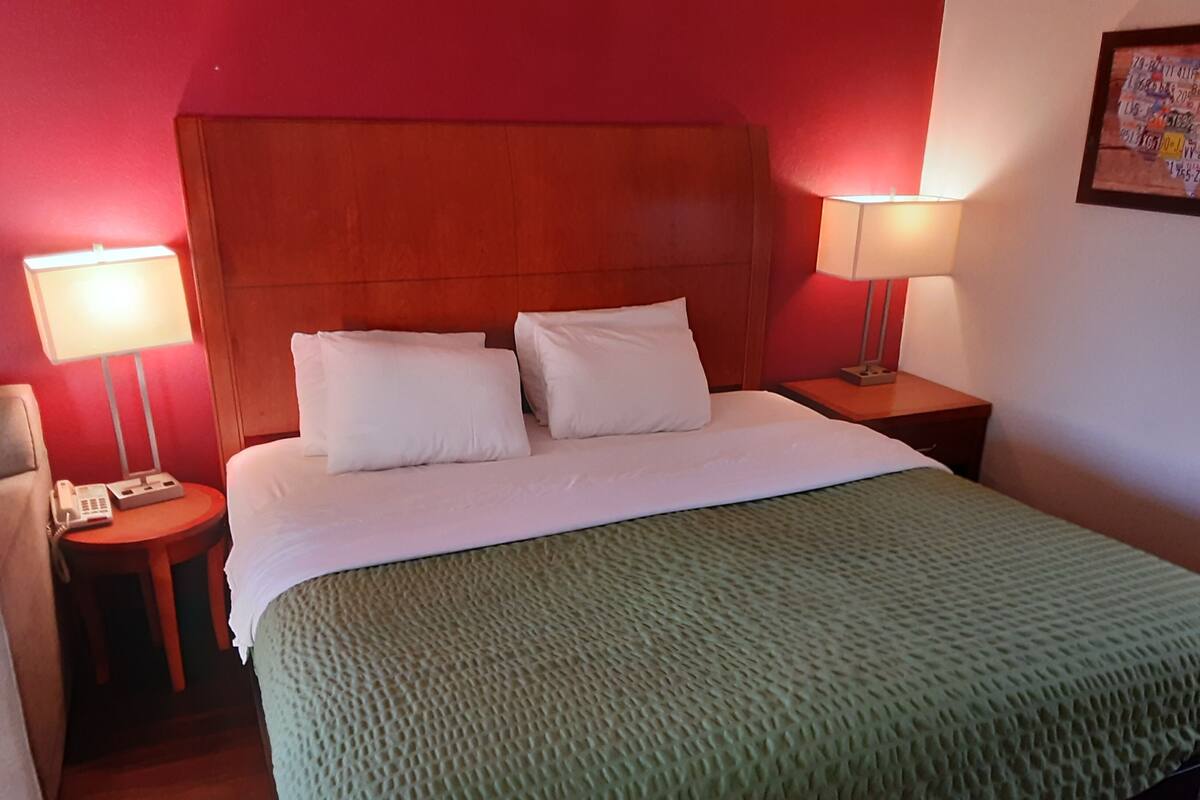 A hotel room with a large bed, two bedside tables, a telephone, and two lamps.