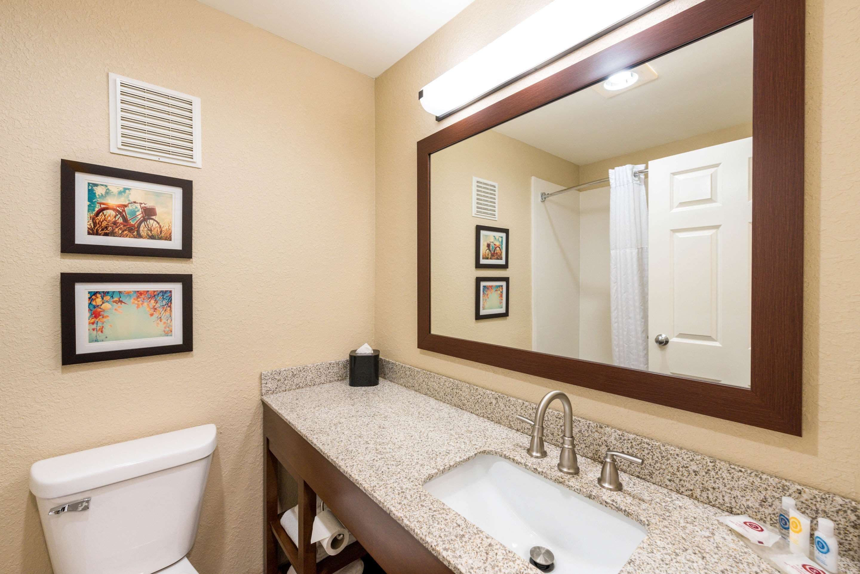 A bathroom with a sink, mirror, toilet, and framed pictures on the wall.
