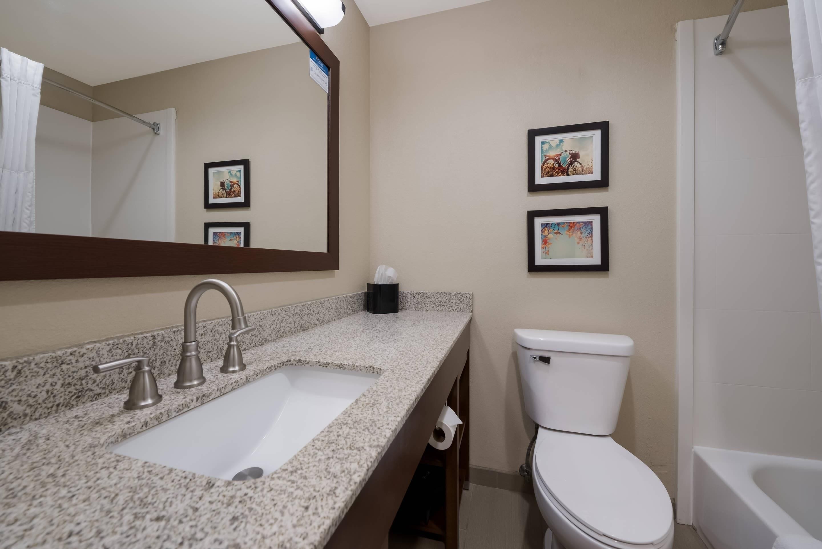 A bathroom with a granite countertop sink, a toilet, and two framed pictures on the wall.