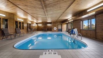 Indoor pool, open 7 AM to 10 PM, pool loungers