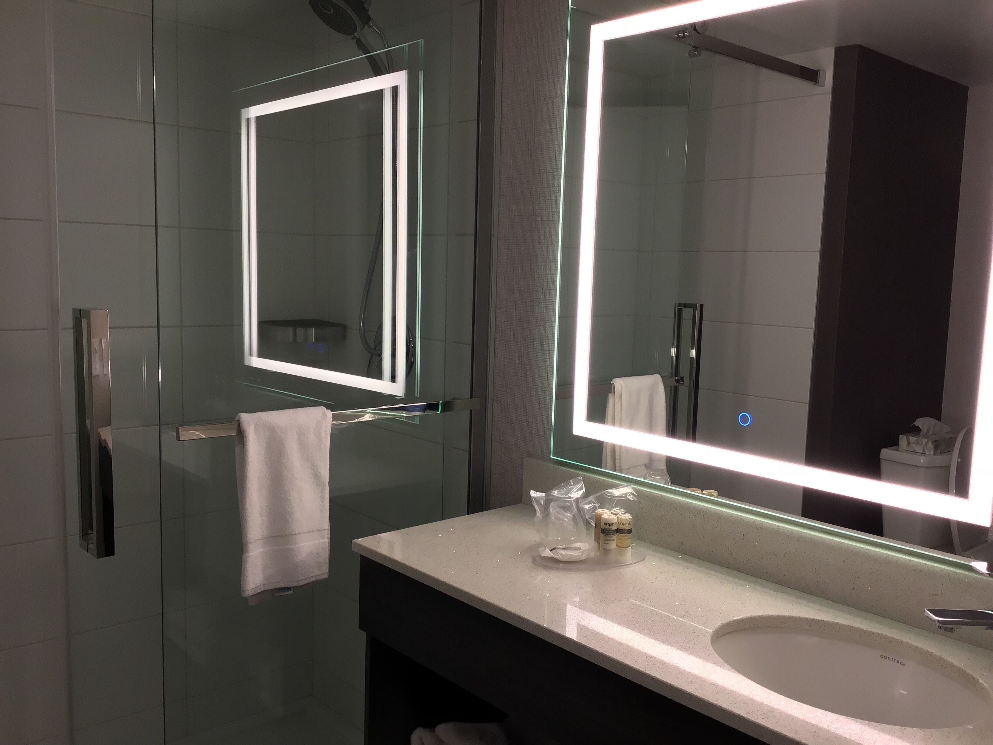 A modern bathroom with a glass shower enclosure, a vanity with a large mirror, and a sink.