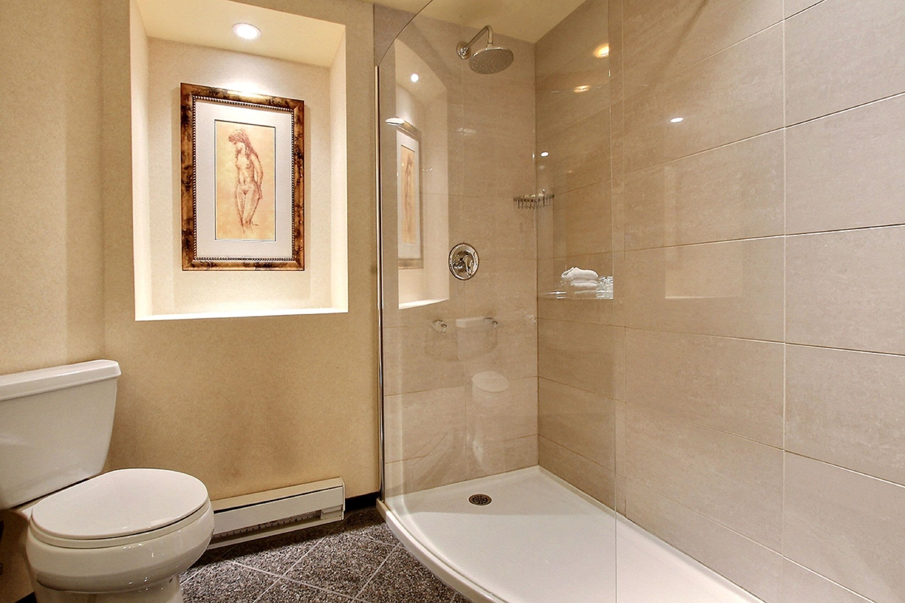 Ein Badezimmer mit Toilette, Dusche und zwei gerahmten Bildern an der Wand.
